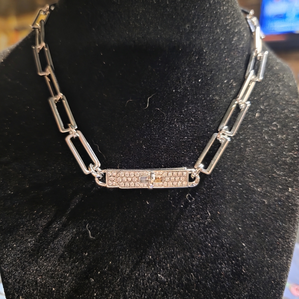 USED...Upcycled Elegant Silver Hermes Lock  Chain Necklace Choker